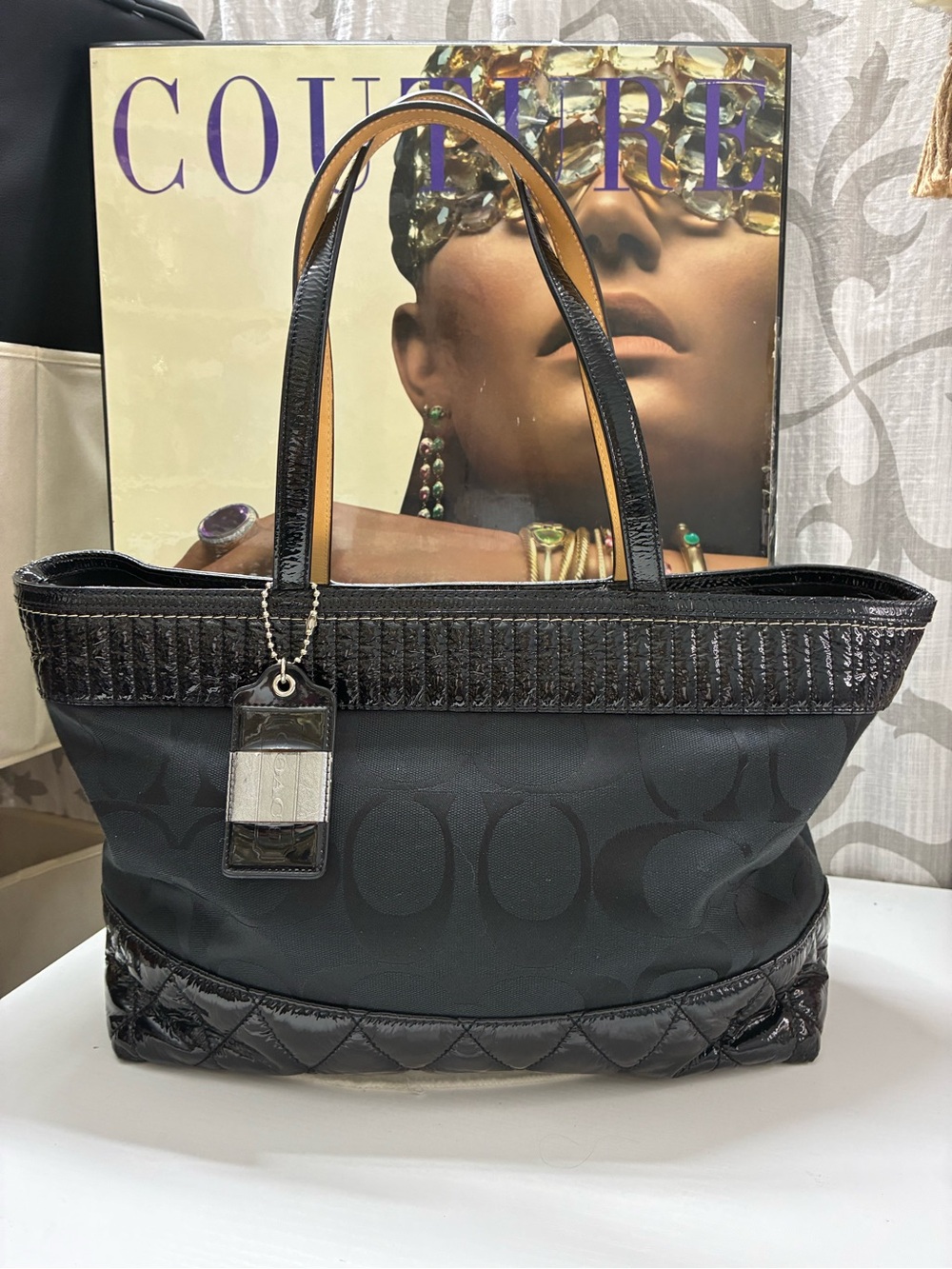 Coach Poppy Black Signature quilted tote